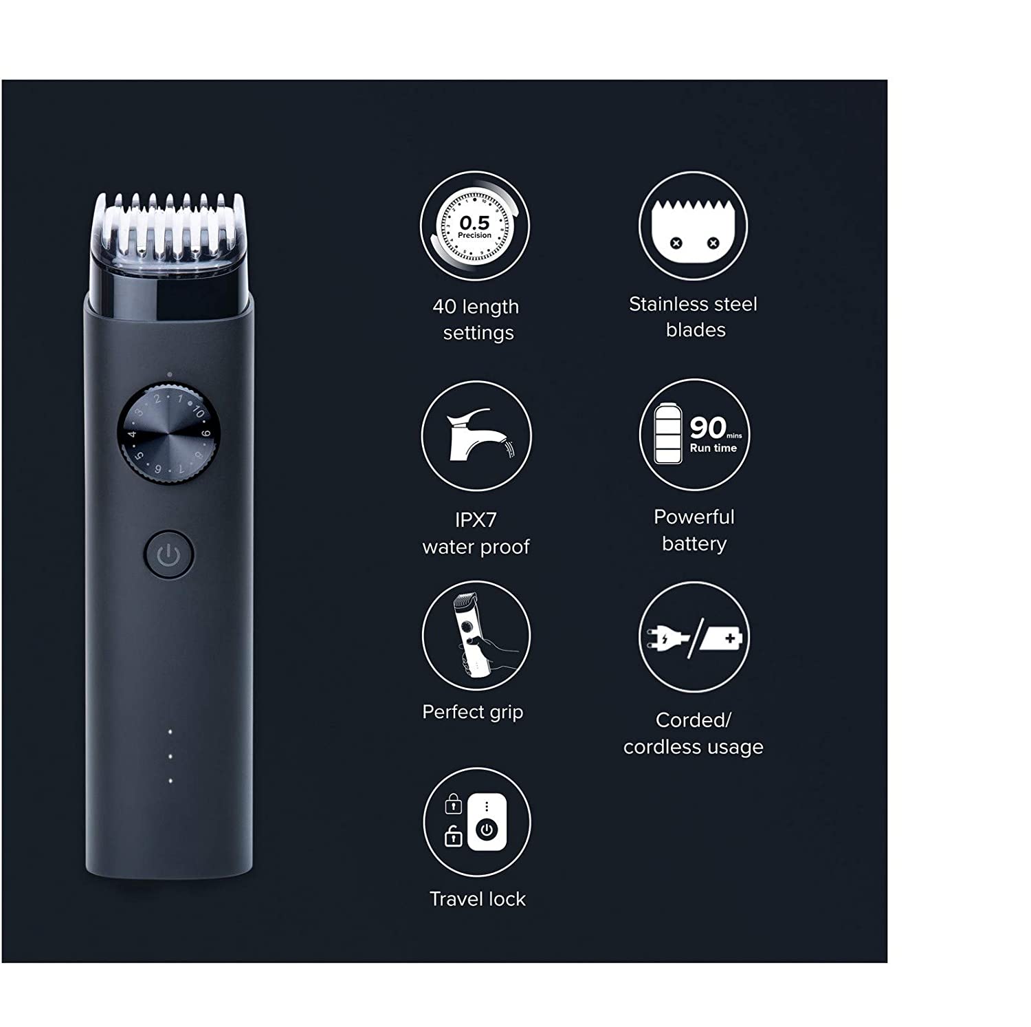 Mi Beard Trimmer for men, full body Waterproof IPX7, 90 mins runtime, Fast Charging, 40 length settings, cordless+ corded dual use, charging indicator